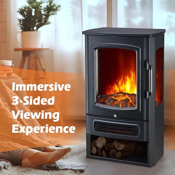 3 Panel Freestanding Electric Fireplace Stove, 1500W Heater with Realistic 3D LED Flame, Independent Flame & Heat, Adjustable Thermostat, Overheat Protection, Black Cast Iron Finish