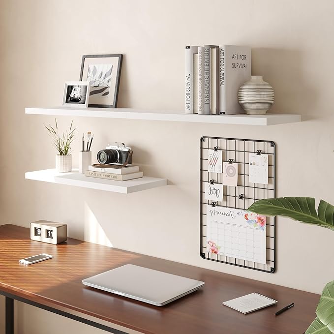 Wall Shelf Set of 2, White Floating Shelves 24 in W x 10 in D x 1 in H, Wooden Floating Wall Shelf with Invisible Brackets for Living Room/Bedroom/Bathroom/Kitchen Storage and Decor