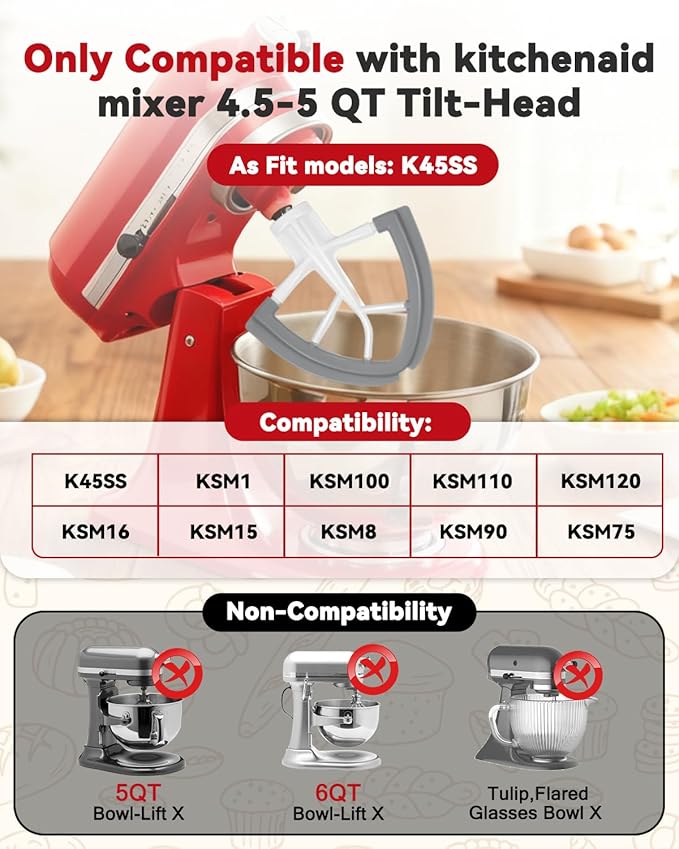 Flex Edge Beater Paddle for KitchenAid 4.5-5QT Tilt-Head Stand Mixer Silicone Bowl Scraper Replacement Part,Dishwasher Safe for Kitchen Aid Accessories And Attachments Mixers Accessory,Grey