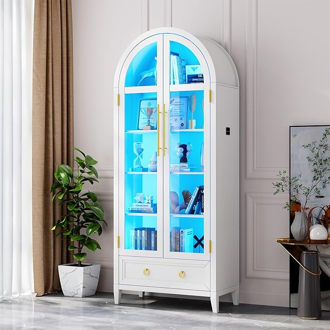 Lvifur 73" Tall Arched Display Cabinet with Glass Doors,4-Tier Curio Cabinets with 3 Color Lights for Collectibles,LED Storage Cabinet with Human Body Sensor,Ajustable Shelf for Toys, Books,White