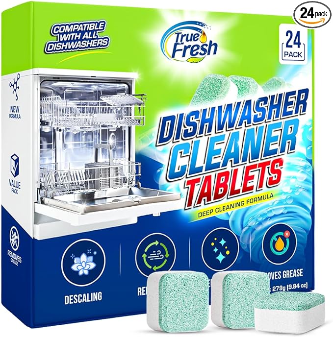 True Fresh Dishwasher Cleaner & Deodorizer Tablets 24-Pack – Deep Clean, Fresh, Sparkling Dishwasher Cleaning Tablets for Spray Arms, Filters & Drains – Removes Grease, Residue & Hard Water Buildup