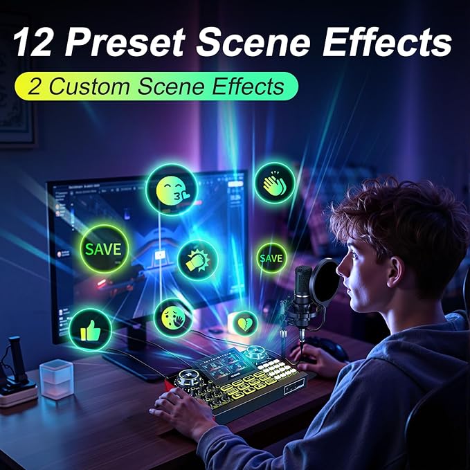 Audio Mixer, Sound Board for Pc/Phone Live Streaming Singing Gaming, Sound Mixer for 3.5/6.35mm Dynamic Microphone, Live Sound Card with DJ Mixer Effects & Voice Changer, Denoise, One Click Mute