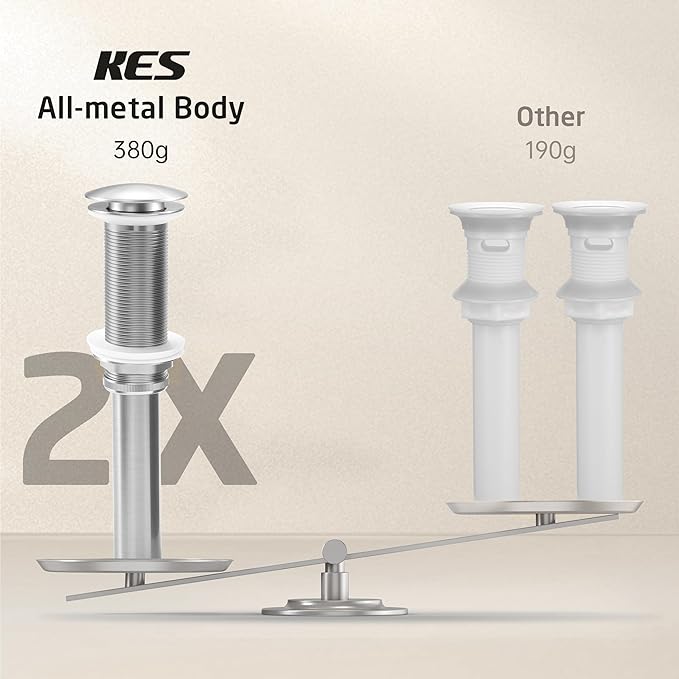 KES Extended Thread Bathroom Sink Drain, All Metal Pop Up Drain Stopper without Overflow for Thicker Vessel Sinks and Countertops, Brass and Stainless Steel Brushed Nickel, S2022D-BN
