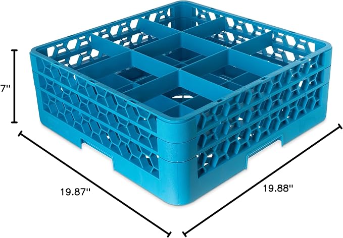 Carlisle FoodService Products RG9-214 OptiClean 9 Compartment Glass Rack with 2 Extenders, 7.12", Polypropylene, Blue