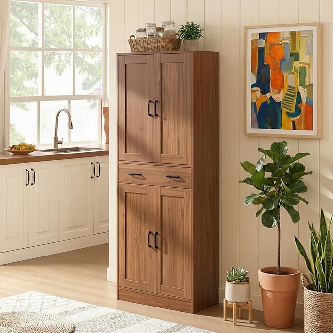 71" Tall Kitchen Pantry Cabinet, Freestanding Storage Cabinet with Drawer and 4 Doors, Large Brown Utility Floor Cupboard with Adjustable Shelves for Dining Room, Bathroom, Home Office