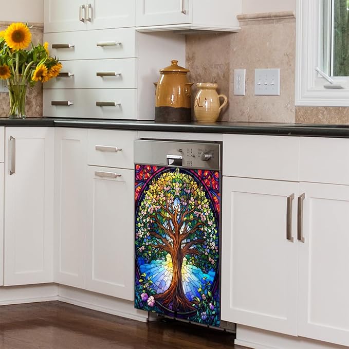 Tree of Life Colorful Dishwasher Magnet Cover Front Dishwasher Cover Decor Reusable Magnetic Door Cover Panel Decal Home Appliances Stickers Kitchen Refrigerator Fridge 23"x26"