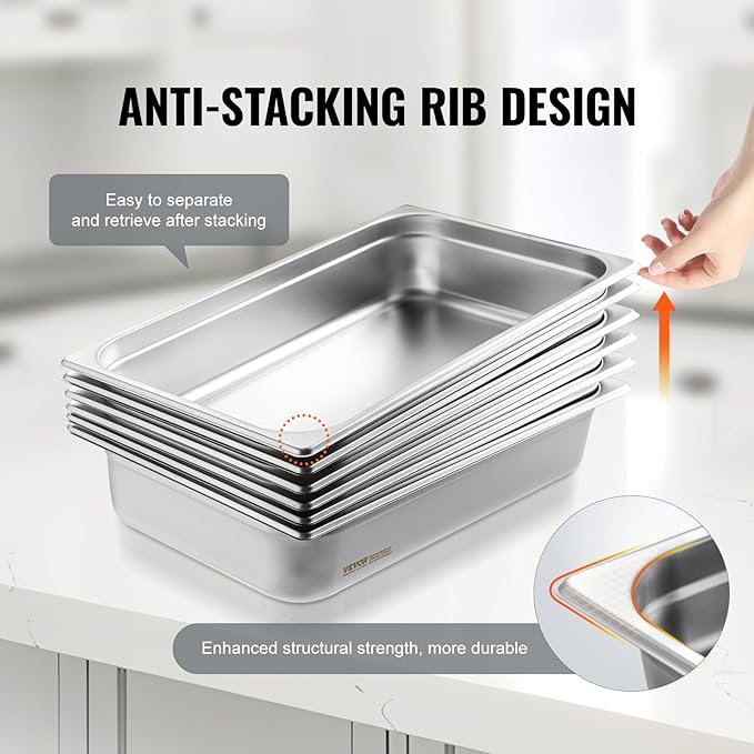VEVOR 6 Pack Stainless Steel Hotel Pans,Full Size 4 Inch Deep 0.8mm Thick Anti-Jam Commercial Food Pans for Steam Tables, Restaurants, Catering & Industrial Use