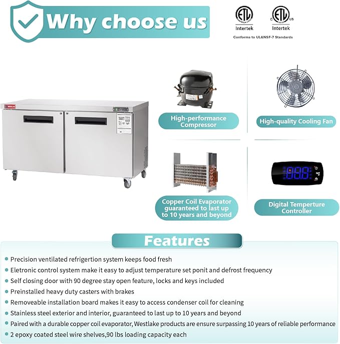 WESTLAKE 60" W Commercial Freezer Worktop Undercounter Freezer 14.8 Cu.ft Single Door Stainless Steel Counter Fan Cooling Freezer Food Prep Station for Restaurant, Bar