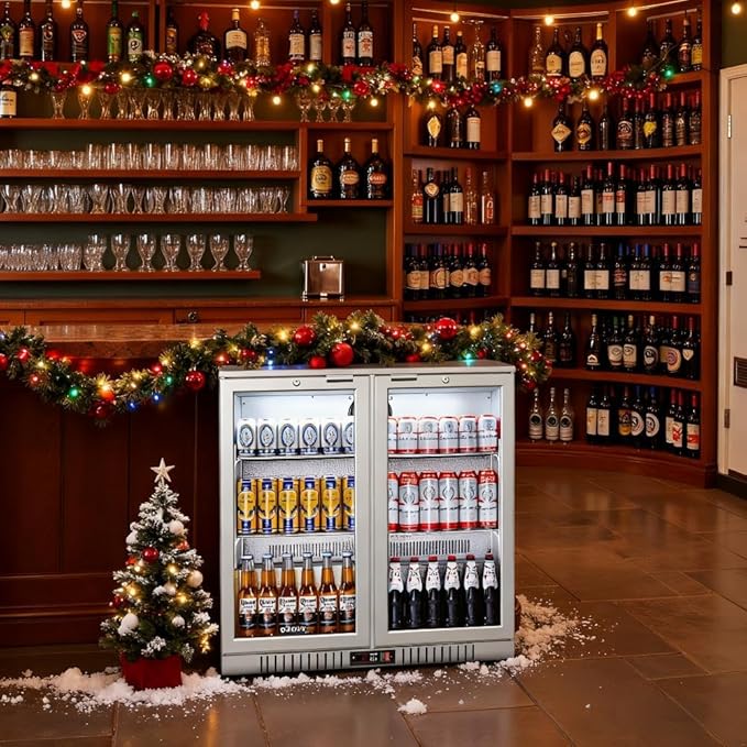 BODEGA BODEGACOOLER Back Bar Cooler With 2 Glass Doors,7.4 Cu.Ft Stainless Steel Commercial Back Bar Fridgewith LED Lighting,Counter Height Bar Beverage Cooler for Beer,Soda Drinks,Wine