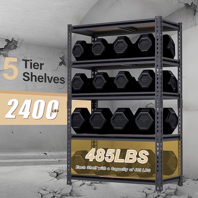 Garage Shelving Unit,Black Storage Shelf,5 Tier Storage Racks and Shelving, Shelves Units Free Standing, Heavy Duty Metal Adjustable Shelves for Kitchen/Tool/Office (2, 16"D x 35.5"W x 72"H)
