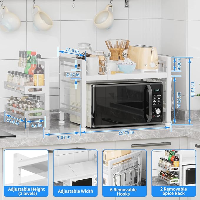 Over the Microwave Shelf - Adjustable Countertop Stand 2 Tier Rack (L15.723.6" xW12.8 xH17.7) with Spice Organizer and 6 Hooks for Kitchen White