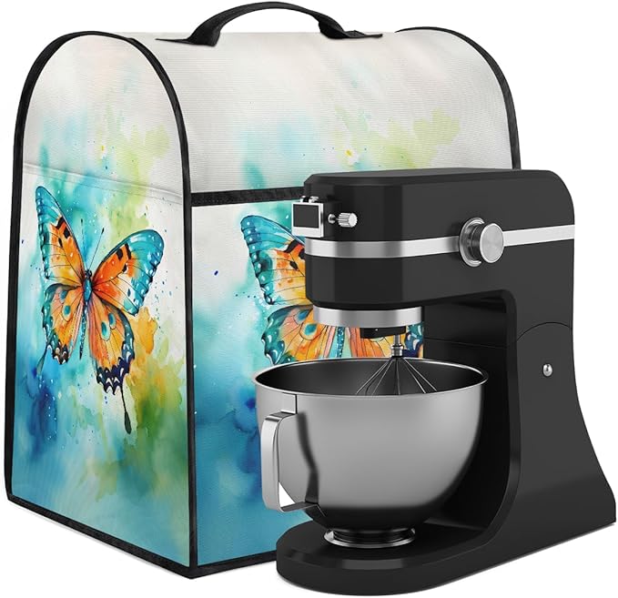 Kitchen Aid Mixer Cover Watercolor Butterfly Animal Stand Mixer Cover Compatible with 6-8 Quarts Stand Mixers, Dust Covers with Zipper Pocket Foldable Washable Kitchen Aid Organizer Bag