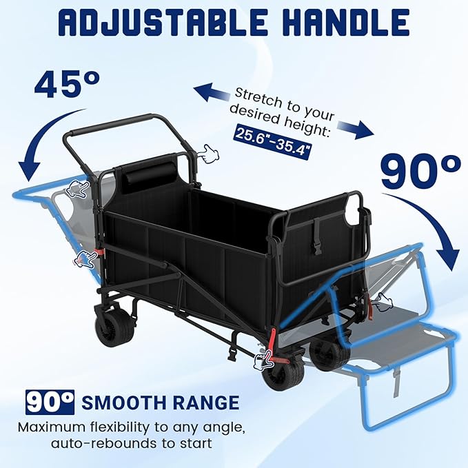 LEVELEVE Heavy Duty Folding Wagon - 2-in-1 Collapsible Cart, 650lb Capacity, All-Terrain Wheels w/Brakes & Side Pockets (Black)