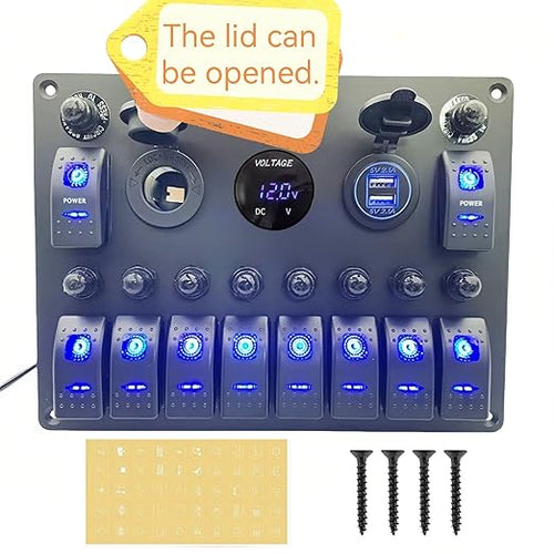 10 Gang Rocker Switch Panel with Breaker for Marine Boat RV Truck (Blue): Voltmeter, Reset Circuit Breaker, 4.2A Car Cigarette Lighter Socket, Dual 12V 24V USB Charger & Control Toggle Switch
