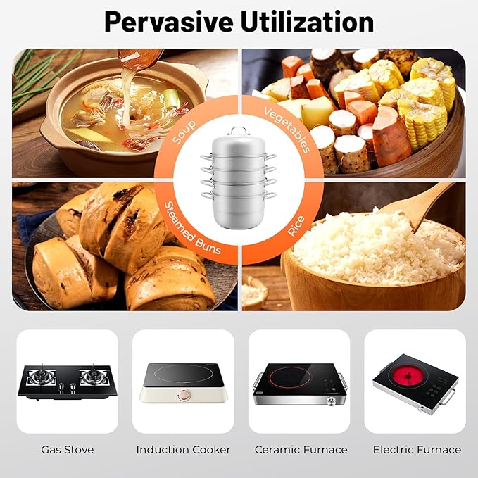 5-Tier Food Steamer Pot for Cooking, 2.38 Gal Stainless Steel Steamer Pot with Lid, Stackable Steaming Pots Steam Cooker Cookware for Dumpling Seafood, Compatible with Gas Stove (12.8 Diameter)
