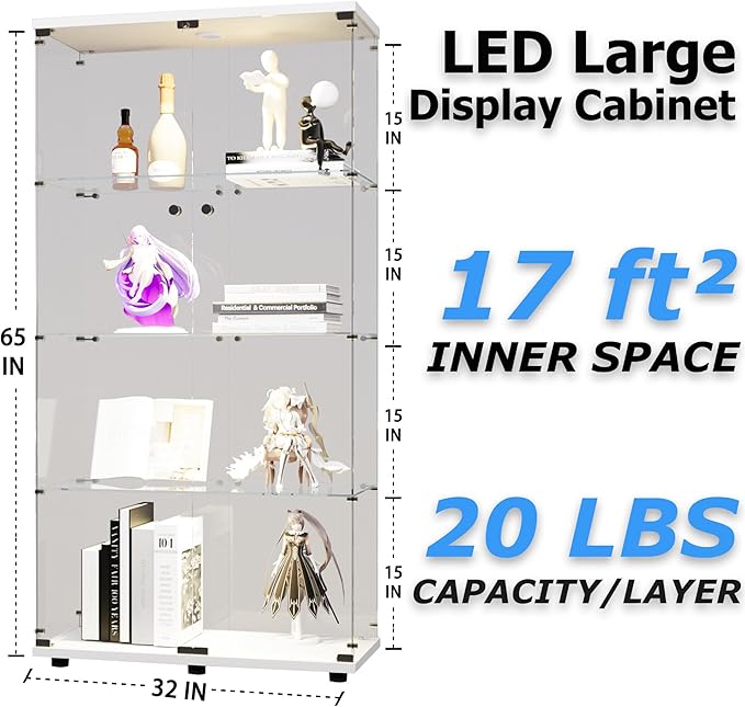 64.5" H 4-Shelf LED Lights Glass Display Cabinet with Double Door,Modern Curio Cabinet Collection Display Case,Floor Standing Bookshelf Glass Case with Lock for Living Room,Home Office (White)
