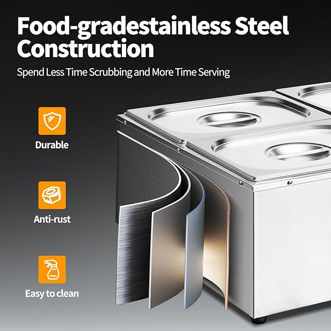Commercial Food Warmer 48 Qt Stainless Steel Steam Table Countertop Buffet Warmer, 4-Pan 1500W Electric Bain Marie Food Warmer with Adjustable Temperature for Restaurants, Catering, Hotels