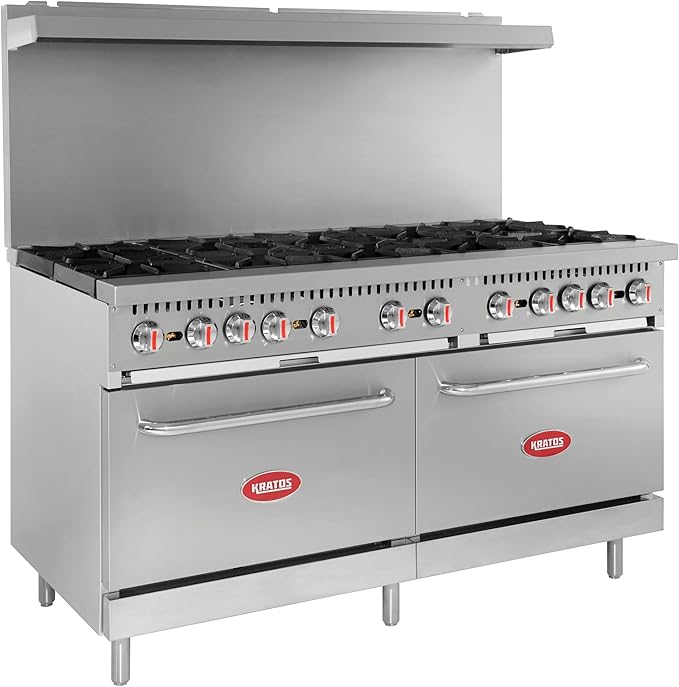 Kratos Commercial Gas Range and Oven, 10 Burners and 2 Full Sized Ovens, Liquid Propane Powered, Stainless Steel, 360,000 Total BTU Output, 60" Wide (29Y-045-LP)