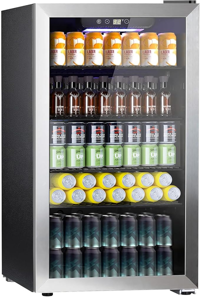 COWSAR Wine Cooler, 26 Bottle 130 Can Beverage Refrigerator, ETL Approved Mini Drink Fridge Clear Glass Door Quiet Compressor Adjust Temp 3.2 Cu.Ft Wine Fridge for Soda Beer
