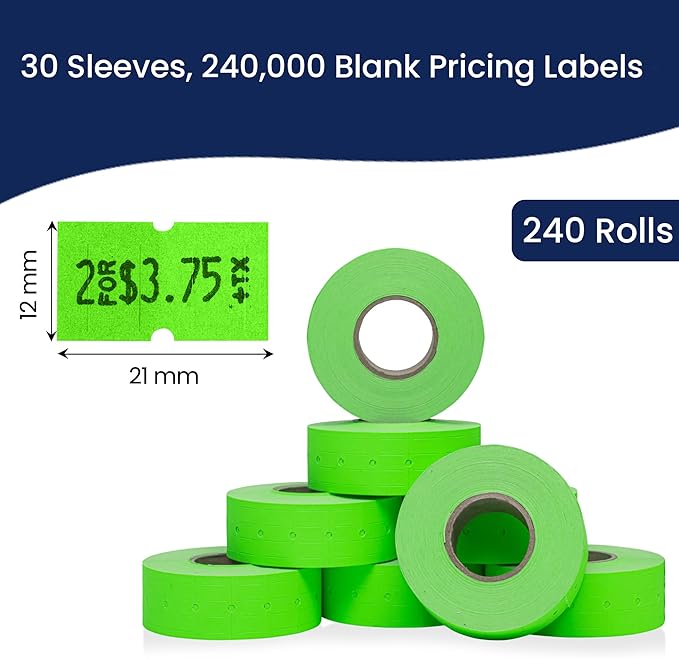 Perco 1 Line Fluorescent Green Labels - Case of 30 Sleeves, 240,000 Blank Pricing Labels for Perco Lite, X, Plus and Pro 1 Line Price and Date Guns
