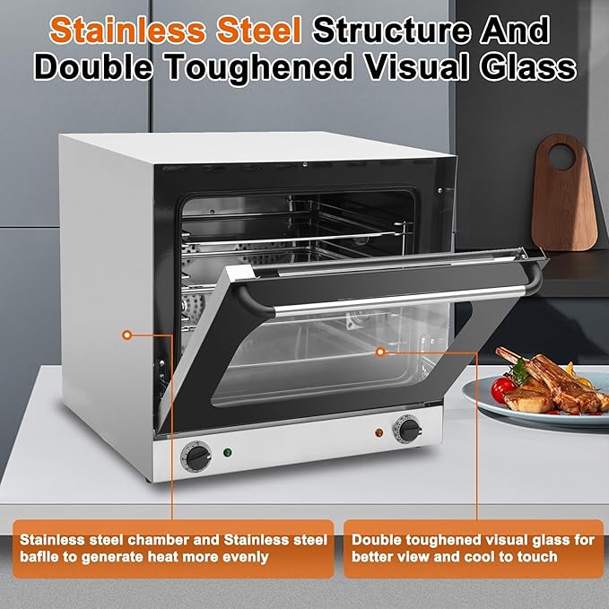 Commercial Covection Oven, 66Qt/62L, Half-Size Electric Convection Oven Contertop, 1750W, Enameled, Stainless Steel Chamber, 4-tier Toaster, for Catering, Bakeries, Hotel, CSA Certification