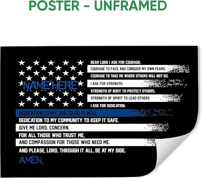 Personalized Police Poster & Framed Canvas, Police Officer Prayer Thin Blue Line Home Office Decor, Custom Name Bedroom Living Room Aesthetic Wall Art Gift For Men, Women, Son