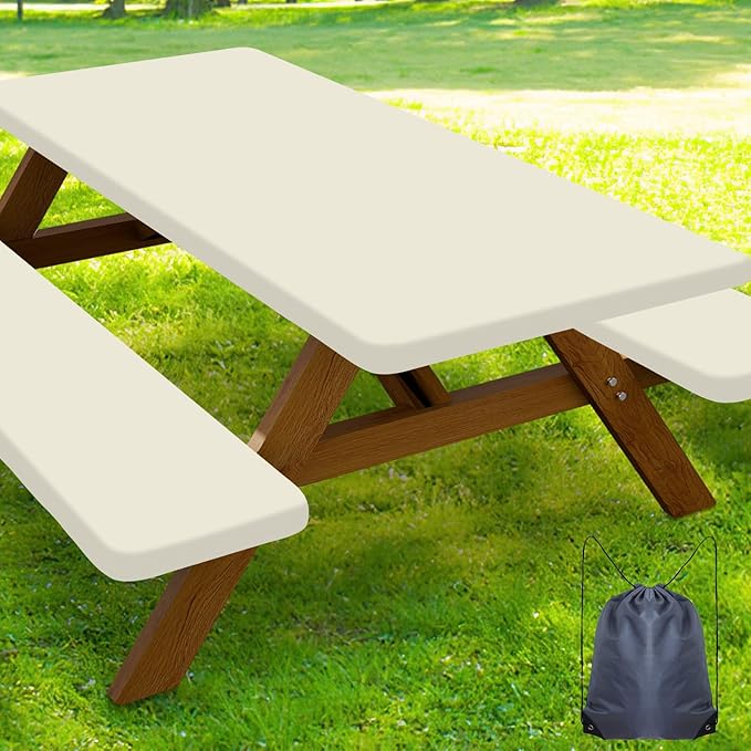 Smiry Picnic Table Cover with Bench Covers, Waterproof Elastic Fitted Polyester Tablecloths for 6 Ft Rectangle Tables, Washable Windproof Tablecloth for Camping, RV & Outdoor (Beige, 30x72 Inches)