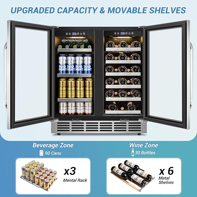 30Inch Wine and Beverage Refrigerator - Dual Zone Beverage Cooler Under Counter, Holds Up to 30 Bottles & 90 Cans Drink and Beer Fridge Built-In for Home Kitchen Bar and Office