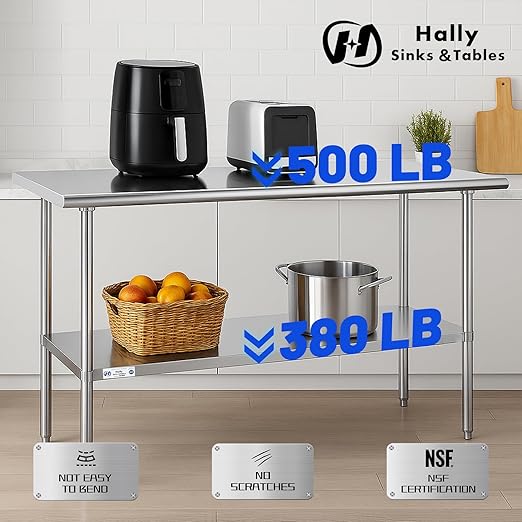 Hally Stainless Steel Table for Prep & Work 24 x 72 Inches, NSF Commercial Heavy Duty Table with Undershelf and Galvanized Legs for Restaurant, Home and Hotel