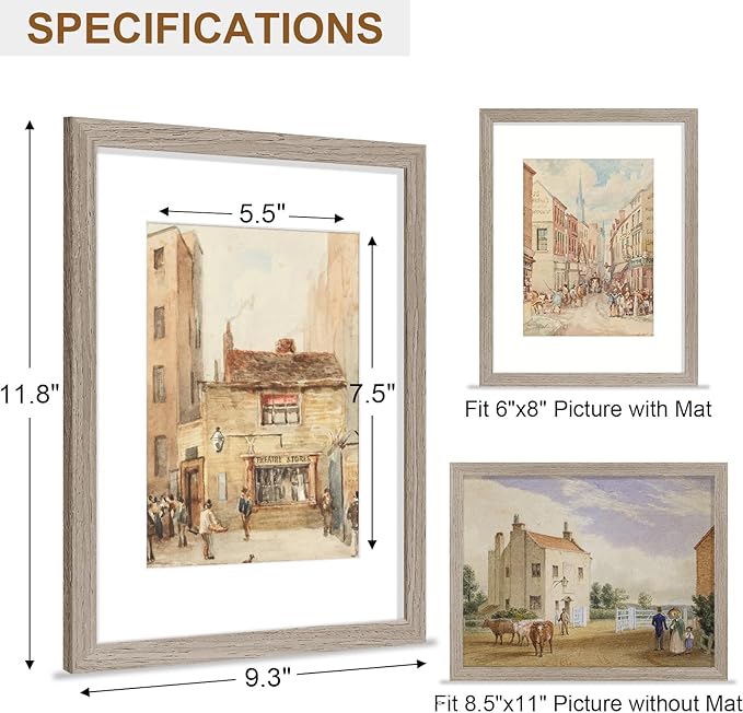 Vittanly 8.5x11 Picture Frame, Solid Wood Frame with Plexiglass, Includes 6x8 Mat, Wall Hanging or Tabletop for Photos, Home Decor, Light Brown, 1 Pack