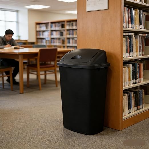 4-Pack 13 Gallon Waste Basket with Swing-Top Lid, Black Garbage Bin, Commercial Trash Can for Kitchen, Outdoor, Garage and School, Fits 13 Gal Liners