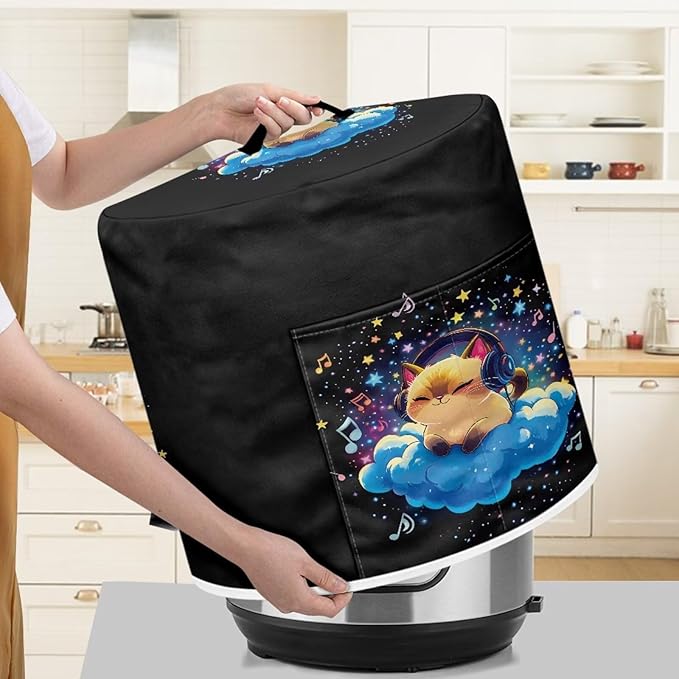 Xoenoiee Cat Starry Cloud Music Notes Pattern Pressure Cooker Cover for 6qt Kitchen Appliance Dust Cover with Pockets for Rice Cooker Air Fryer Slow Cooker