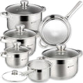 Daniks Standard 11-Piece Stainless Steel Cookware Set with Glass Lids, Includes Saucepan with Lid and Frying Pan, Tri-Ply Bases for Even Heating, Induction Compatible, Dishwasher Safe, Silver