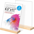 2pack 8.5x11 Acrylic Sign Holder with Wood Base for Picture Frames,L/T Shape Double Slot Design for Vertical or Slant Back Display, for Restaurant, Office, School, Store and Home Use
