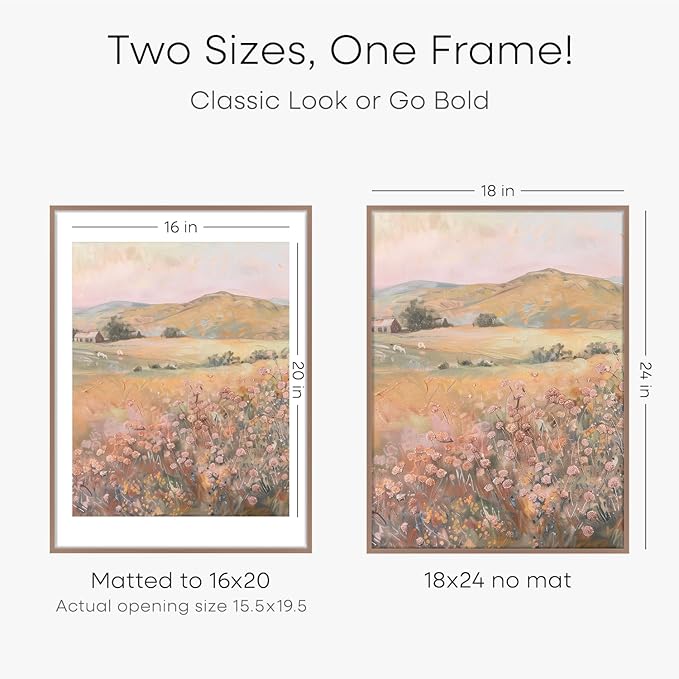 Homeforia 18x24 Poster Frame Mocha, High End Metal 18 x 24 Picture Frames with Mat 16 by 20 inch Photo, 18x24 Mocha Frame Matted to 16x20 Print, 24x18 Hanging Frame, Tempered Glass, Wall Kit, Set of 1