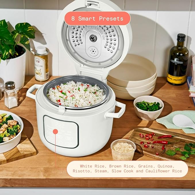 Beautiful 14-Cup Electric Rice & Grain Cooker, Ceramic Nonstick, 8 Presets, Slow Cook, Steamer Tray (White Icing)