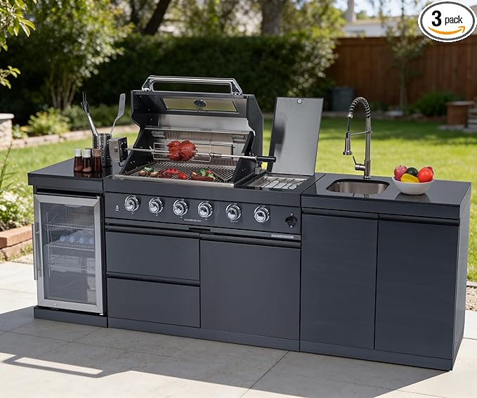 98-Inch Modular Natural Gas Outdoor Kitchen Island with Grill, All-in-One Patio Cooking Station with BBQ Grill, Refrigerator, Sink & Storage