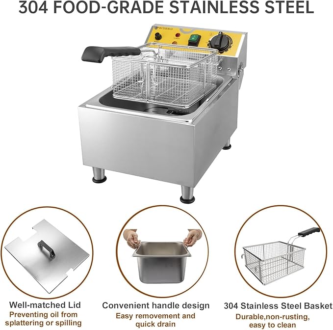 Large Deep Fryer with Basket and Lid 10L(10.6Qt), 304SS Electric Deep Fryer for Home and Commercial, Countertop Deep Fryers, 1750W Fast Heating, 120V