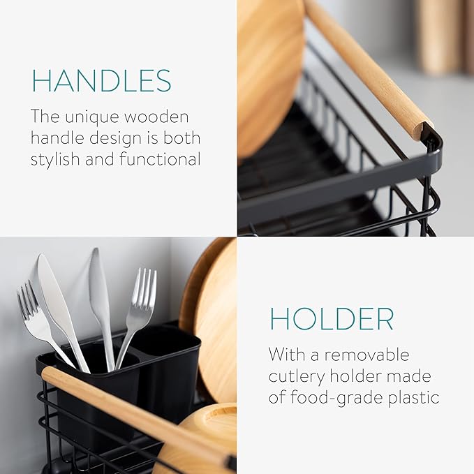 Navaris Dish Drainer Rack - Plate, Silverware, Pots and Pans Drying Rack for Kitchen with Beechwood Handles - Modern Retro Design Drip Tray - Black