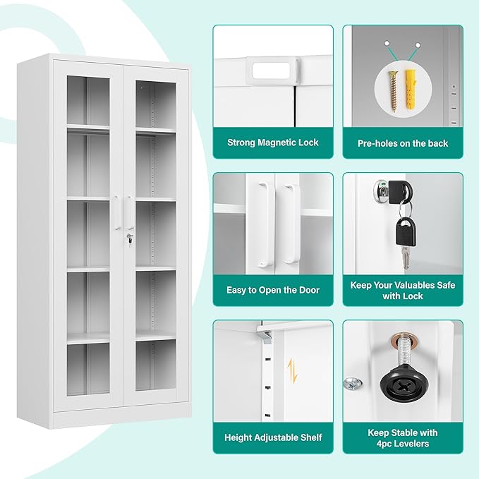 SISESOL Metal Storage Cabinet with Lock and Glass Doors,Glass Display Cabinet,67" Tall White Storage Cabinets,Locking Curio Cabinets with 5 Shelves for Collectibles,Home,Office,Living Room