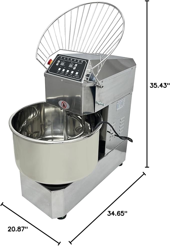 50QT Commercial Stand Dough Mixer Double Action Fast and Slow Speed Spiral Electric Flour Mixing Machine for Professional Bread Making Kneading Machine with Speed Time Control 50L 2200W