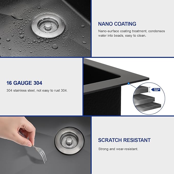 Dcolora 28 In. Black Kitchen Sink with Cup Washer, Large Single Bowl Drop In Installation, Heavy Duty 16 Gauge 304 Stainless Steel, Workstation with Valued Accessories, 28"x22"x10" #DC-T2533002BWS