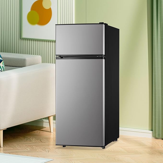 4.5 CU.FT Refrigerator Silver Two Door Fridge with 7 Temperature Settings Spacous Capacity & Ideal Size for Modern Kitchen 3 Glass Shelves & 2 Wheels for Easy Use