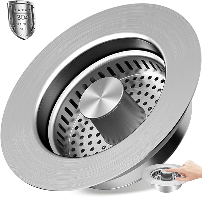 Kitchen Sink Drain Strainer, 304 Brushed Stainless Steel Pop Up Sink Stopper for US Standard 3-1/2 Inch, Upgraded 3 in 1 Sink Drain Strainer with Anti-Clogging Basket, Stainless Steel Filter