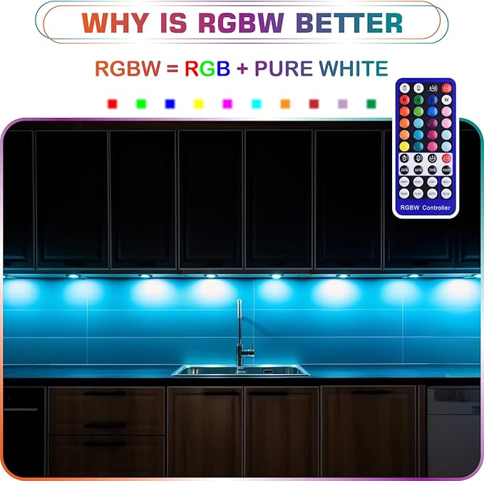 RGBWW LED Closet Light, Hutch Bookshelf Showcase Display Lighting, Multi Color Chaneable & Warm White, Remote Dimmer, Daisy Chained Linkable Pucks, 120V Hard Wiring & Plug in, 12 Lights