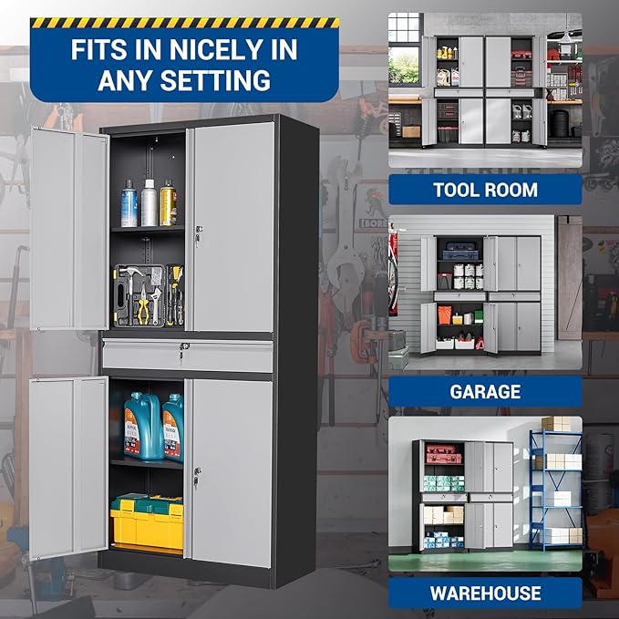 71" Metal Cabinet-Black&Gray Heavy Duty Storage File Cabinet Steel Tool Cabinets with Shelves, Lockable Doors and Drawers- for Garage, Pantry, Warehouse - Assembly Required