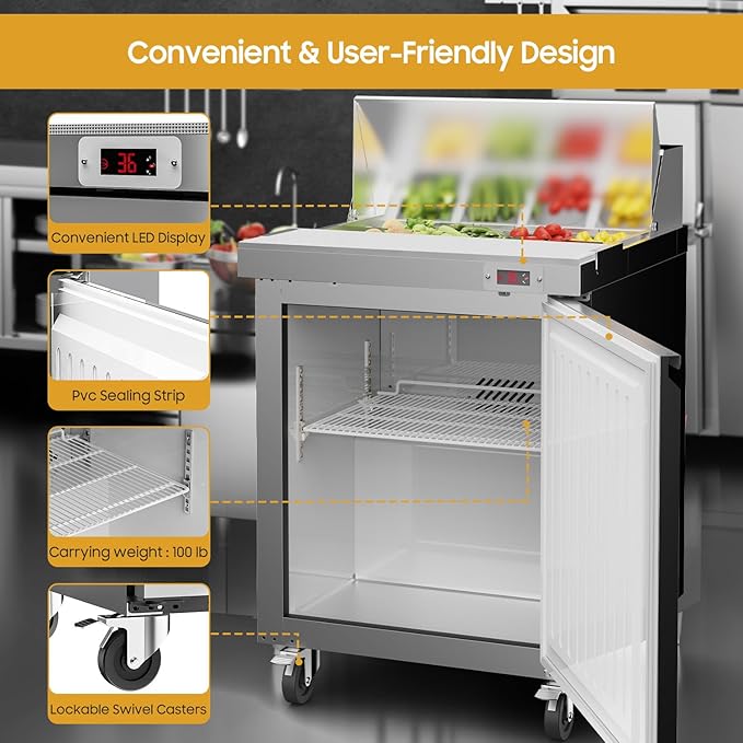 29" Commercial Refrigerator Sandwich&Salad Prep Table Fridge with 8 Pans 1 Door Stainless Steel Counter Fan Cooling Refrigerators