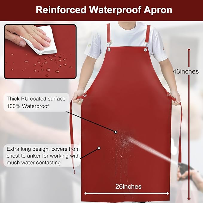 Waterproof Rubber Aprons for Women, Heavy Duty Vinyl Dishwasher Apron Adjustable Cross Back Strap for Dishwasher, Butcher, Dog Grooming, Chemical Resistant, 43" Long Thicker Apron Red