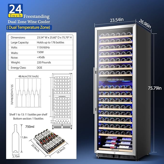 AAOBOSI Wine Cooler Refridgerator 24 Inch, 176 Bottles Dual Zone Wine Fridge with Double-Layer Tempered Glass Door and Temperature Memory Fuction,Built-in or Freestanding.