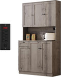71" Pantry Cabinet with Charging Station, Tall Kitchen Pantry Storage Cabinet with Microwave Stand, Farmhouse Kitchen Hutch with Storage Drawer for Living Room, Dining Room, Ash Grey